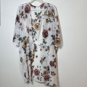 Maurices White Sheer Floral Kimono with Pink & Yellow Blooms